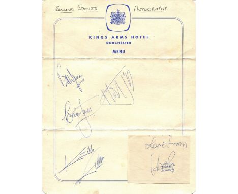 ROLLING STONES THE: A vintage blank printed 4to menu card from the Kings Arms Hotel at Dorchester individually signed by four