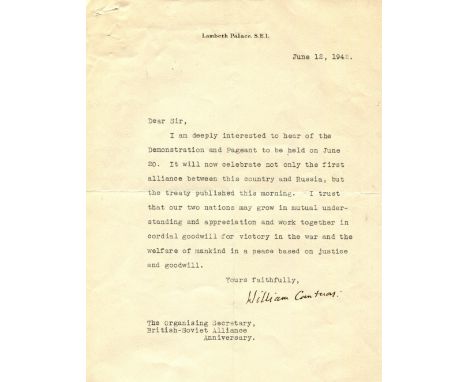 [BRITISH-SOVIET ALLIANCE]: TEMPLE WILLIAM (1881-1944) English Anglican priest, Archbishop of Canterbury 1942-44. Small collec