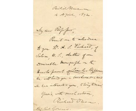 OWEN RICHARD: (1804-1892) English biologist and palaeontologist who coined the word Dinosauria. A.L.S., Richard Owen, one pag