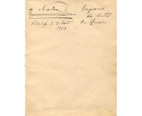 NICHOLAS II: (1868-1918) Emperor of Russia 1894-1917. A very fine, unusual dark fountain pen ink signature ('Nicolas II, Empe