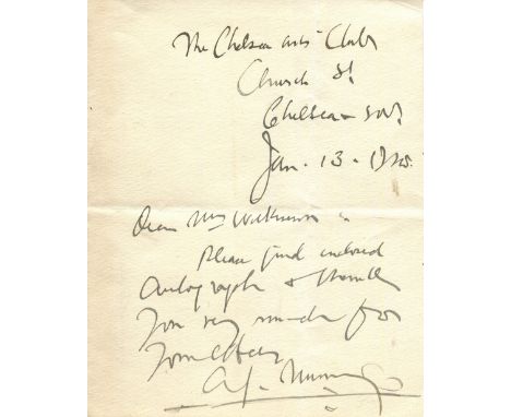 MUNNINGS ALFRED: (1878-1959) English artist. A brief A.L.S., A J Munnings, one page, 8vo, The Chelsea Arts Club, Church Stree