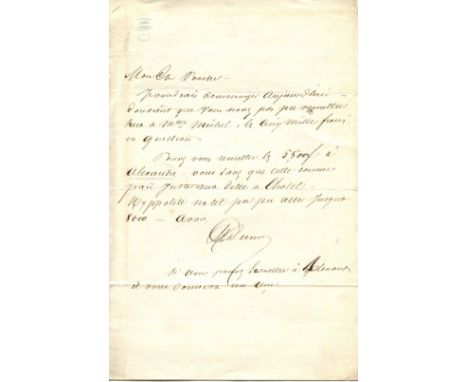 DUMAS ALEXANDRE Pere: (1802-1870) French Writer whose works include The Three Musketeers. A.L.S., `Al. Dumas´, one page, 8vo,