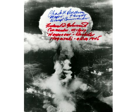 BOCKSCAR: Signed 8 x 10 photograph by two crew members of the Bockscar B-29 bomber aircraft individually, comprising Charles 