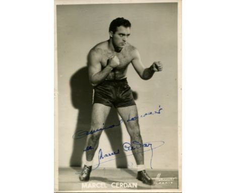 CERDAN MARCEL: (1916-1949) French Boxer, World Middleweight Champion 1948-49. Rare vintage signed 4 x 6 photograph of Cerdan 