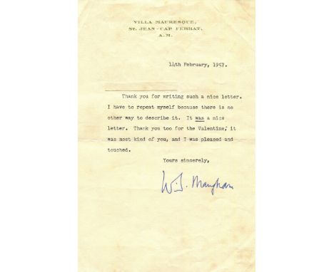 MAUGHAM W. SOMERSET: (1874-1965) English playwright &amp; novelist. T.L.S., W. S. Maugham, one page, 8vo, St. Jean-Cap Ferrat