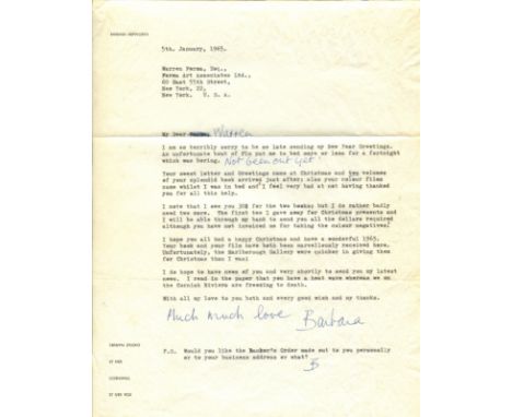 HEPWORTH BARBARA: (1903-1975) English sculptor. T.L.S., Barbara, with holograph salutation and subscription, one page, 4to, T