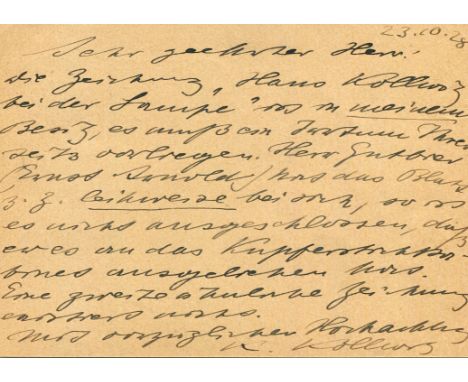 KOLLWITZ KATHE: (1867-1945) German artist. A.L.S., K. Kollwitz, on one side of a plain postcard, n.p., 23rd October 1928, to 
