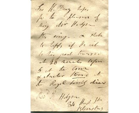 DAVY HUMPHRY: (1778-1829) British chemist, famous for his invention of the Davy Lamp. A good A.L.S., Sir H. Davy, in the thir