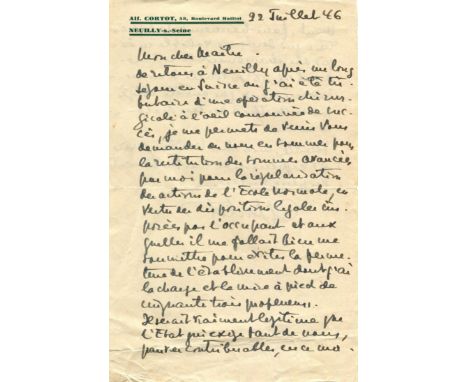 CORTOT ALFRED: (1877-1962) Franco-Swiss Pianist and Conductor. A.L.S., `Alf Cortot´, two pages, 8vo, Neuilly-sur-Seine, 22nd 
