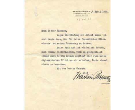 RIBBENTROP JOACHIM VON: (1893-1946) German politician who served as Minister of Foreign Affairs of Nazi Germany 1938-45. T.L.
