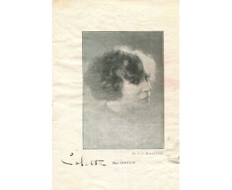 COLETTE: (1873-1954) French author of the novella Gigi (1944). A vintage signed 4.5 x 7 portrait, being a page removed from a