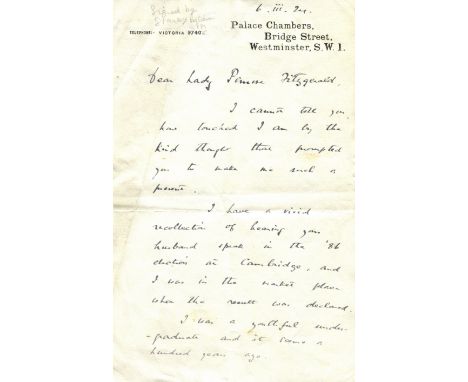 BALDWIN STANLEY: (1867-1947) British Prime Minister 1923-24, 1924-29 & 1935-37. A.L.S., Stanley Baldwin, two pages, 8vo, Pala
