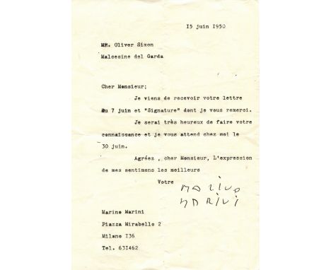 MARINI MARINO: (1901-1980) Italian sculptor. T.L.S., Marino Marini, one page, 8vo, Milan, 15th June 1950, to Oliver Simon, in