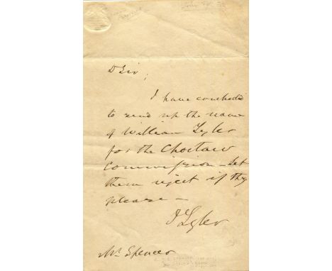 TYLER JOHN: (1790-1862) American President 1841-45. A.L.S., J Tyler, as President, one page, 8vo, n.p., n.d., to Mr. [John C.