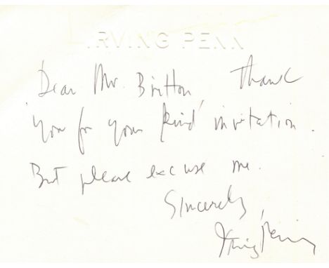 PENN IRVING: (1917-2009) American fashion and portrait photographer. A brief A.L.S., Irving Penn, on one side of his personal
