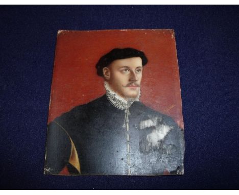 19th C miniature portrait on ivory of Elizabethan style gentleman (8cm x 9cm) (A/F) 