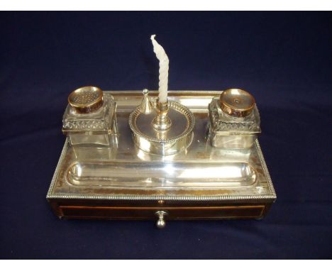 19th C mahogany inlaid and silver plated desk stand with two recessed pan trays, central candlesticks flanked by inkwell and 