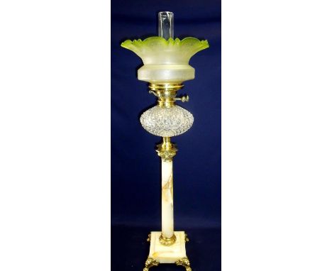 19th/20th C extremely large and elaborate oil lamp with flared coloured etched glass shade and clear glass central reservoir 
