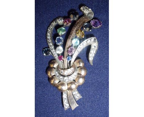 Large unmarked gold and multi-stone floral spray brooch, set with various stones including blue sapphire, pink tourmaline, gr