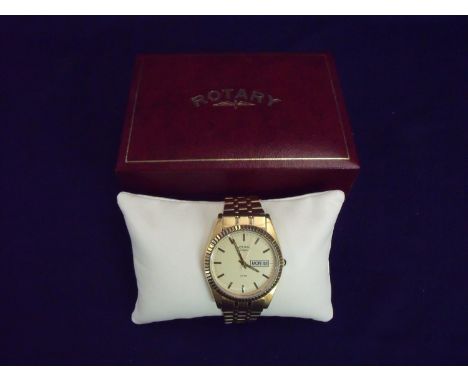 Boxed gents Rotary 3ATM wrist watch with plated case and strap, with Cabochon stone set to the winder, with date dial and ass