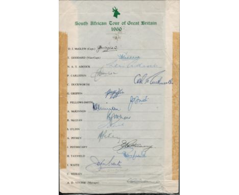 Cricket South Africa tour of Great Britain 1960 vintage official multi signed tour sheet 16 signatures includes McGlew, Godda