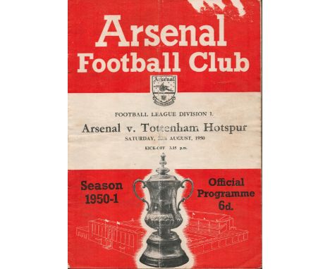 Football Arsenal v Tottenham Hotspur vintage programme Division One 20th August 1950. Good condition. All autographs come wit