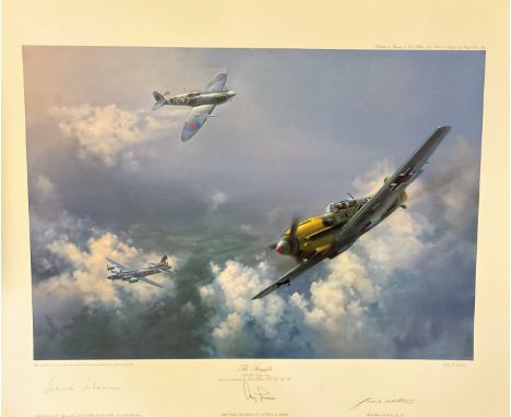 WW2 Adolf Galland and AVM Johnnie Johnson Personally Signed 30x23 Colour Print Titled The Straggler. Also signed by the Artis