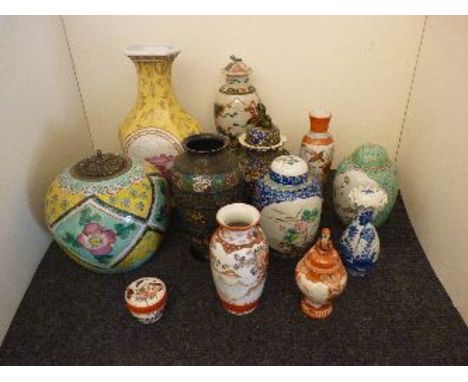 A cloisonné vase, eleven various Chinese and Japanese ceramic cases, etc