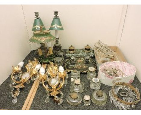 Two inkstands, marble and papier mâché bases, seven glass inkwells, three lustre drop light shades, a pair of table candlesti