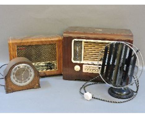 Two mid 20th century HMV and Pye radios, a two train mantel clock, and a vintage Efesca Deflectair 10in electric fan
