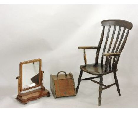 A kitchen stick back chair, a toilet mirror, coal scuttle, and two wash basin and jug sets