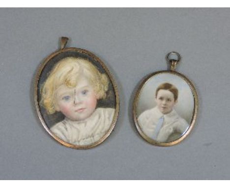 Two portrait miniatures, of a young boy wearing a blue tie, and blonde haired child