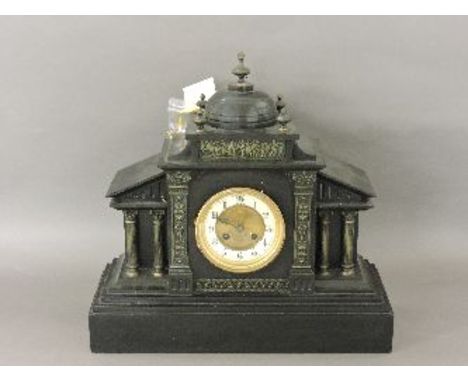 A Victorian Welsh black slate mantel clock, with cast metal mounts, 41cm high