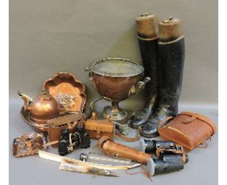 A pair of black leather riding boots, with wooden sectional trees, two pairs of binoculars, a saddle flask, box, and copper w