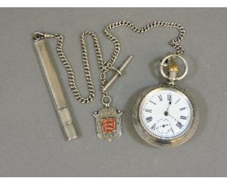 An unusual late 19th century white metal cased button wind pocket watch, with stopwatch dial to the reverse, with silver Albe