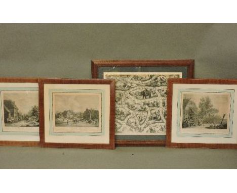Three reproduction Flemish engravings, Le Bas after Teniers, and a Georgian game board print