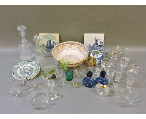 A Charlotte Rhead Crown Ducal pottery bowl, various 19th century and later drinking glasses and decanters, three French plate