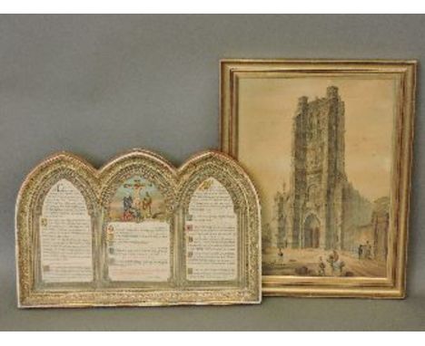 A gilt framed French triptych, 37cm high, and a print of a cathedral