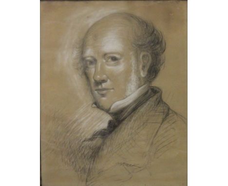 A head and shoulders portrait of a gentleman, pencil drawing and a watercolour head and shoulders portrait of a lady in an ov