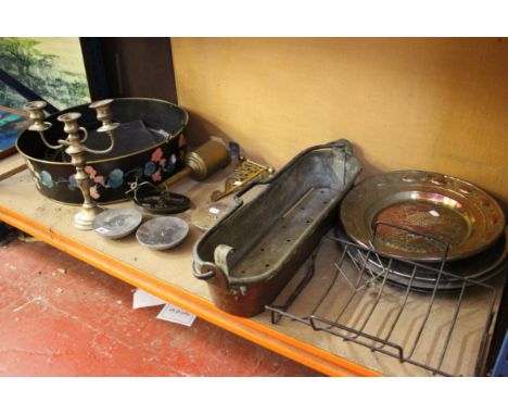 A mixed lot to include a meat spit and mechanism, pewter plates, candlestick etc.
