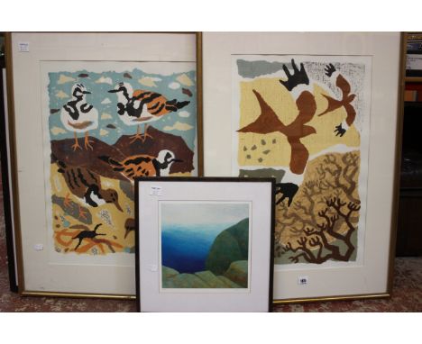 Two prints by Greg Poole of birds of prey and Waders and two prints by Kathy Todd, of cliffs and sailing lesson