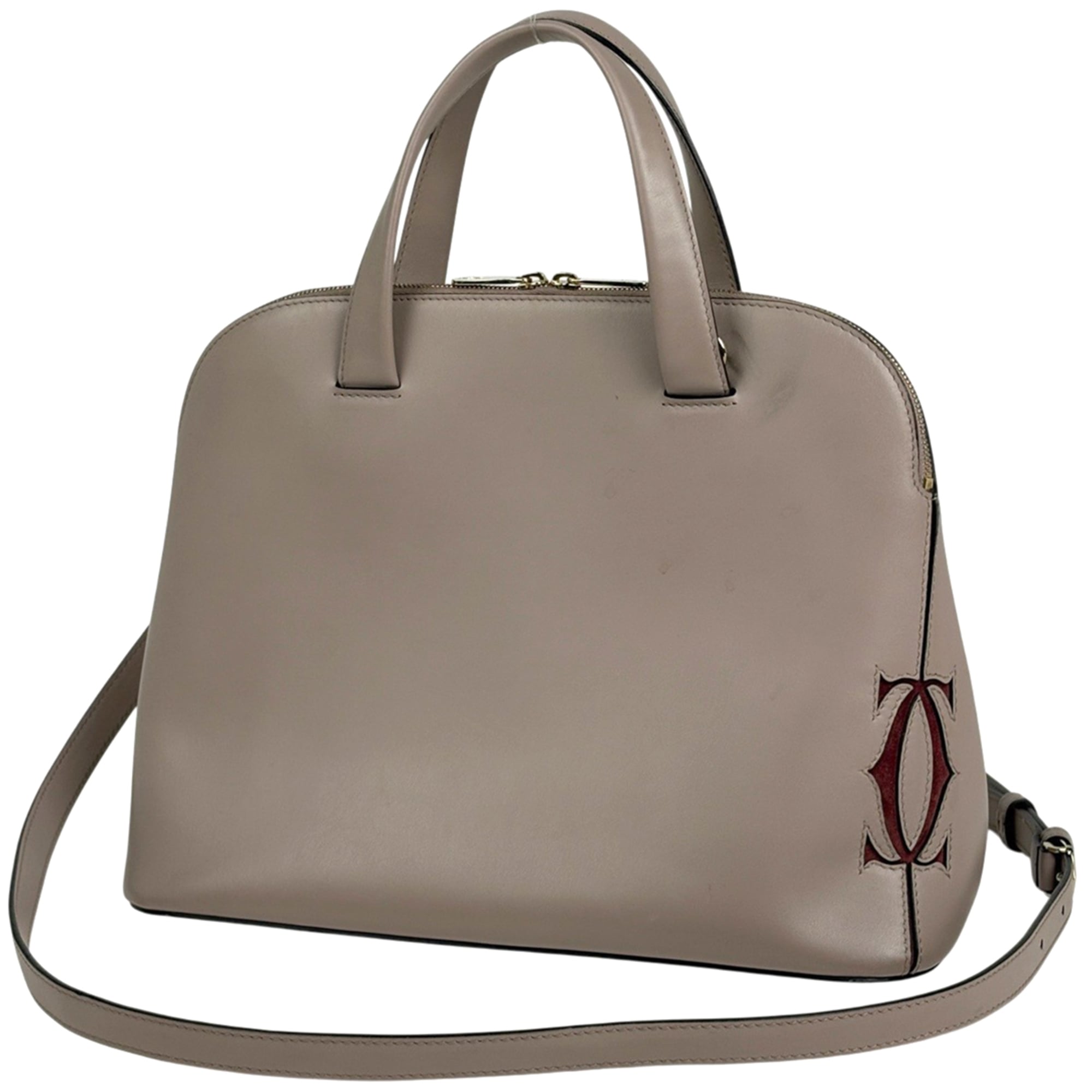Cartier Must C Logo Handbag, 2-Way Shoulder Bag, Small, Leather, Pink Beige, Women\'s