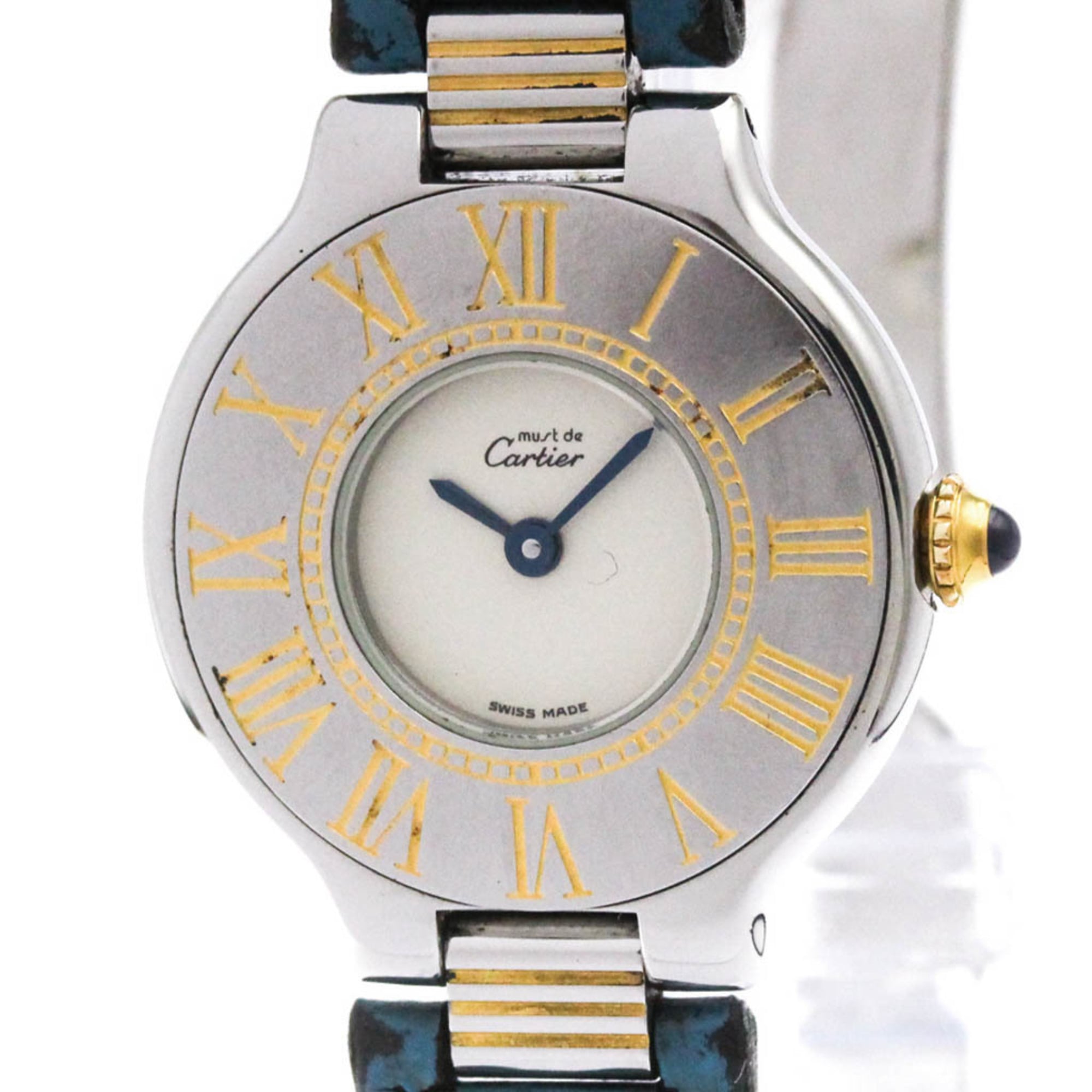 CARTIER Must 21 Gold Plated Steel Leather Quartz Ladies Watch Polished