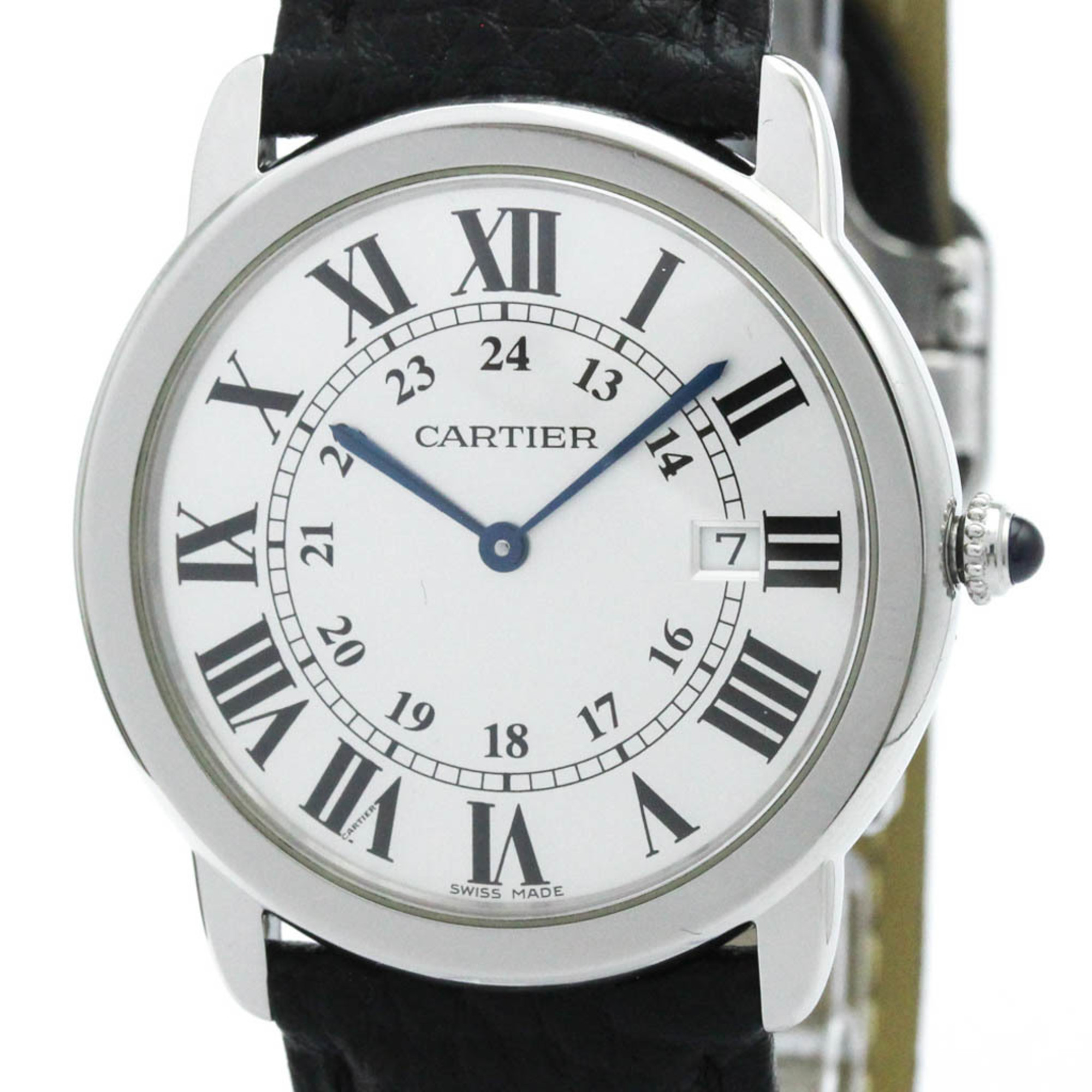 CARTIER Ronde Solo LM Steel Leather Quartz Mens Watch W6700255 Polished