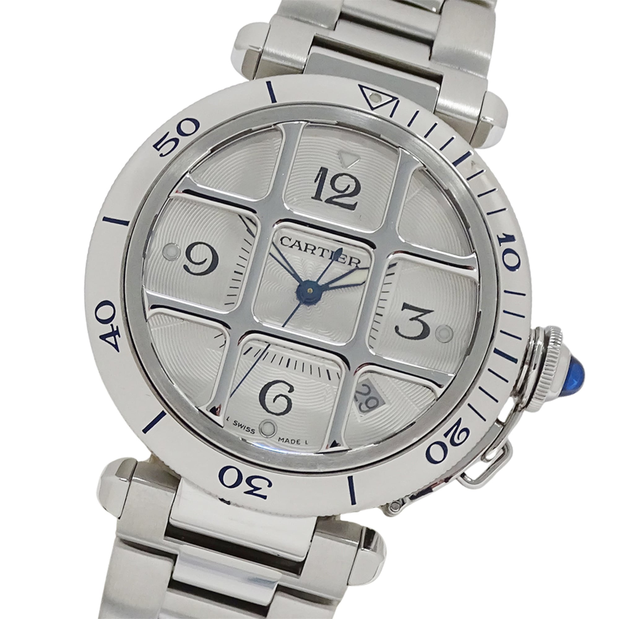 Cartier Pasha Grid Date Automatic Watch for Men, Stainless Steel (SS) W31040H3, Silver, Open Casebac