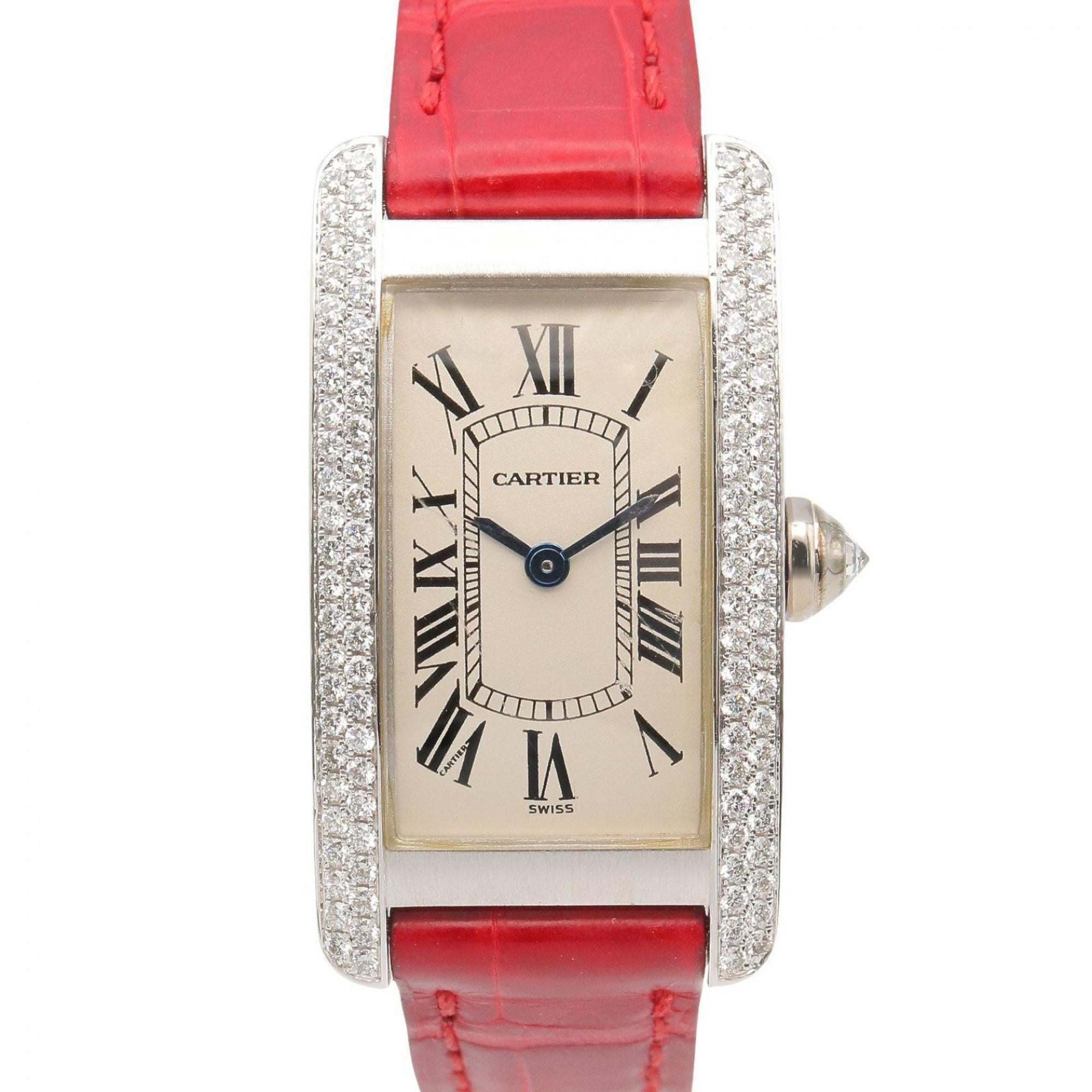 Cartier Tank American SM Side Diamond Watch, 18K White Gold (WG), Diamond, Leather Strap, Ladies, Wh