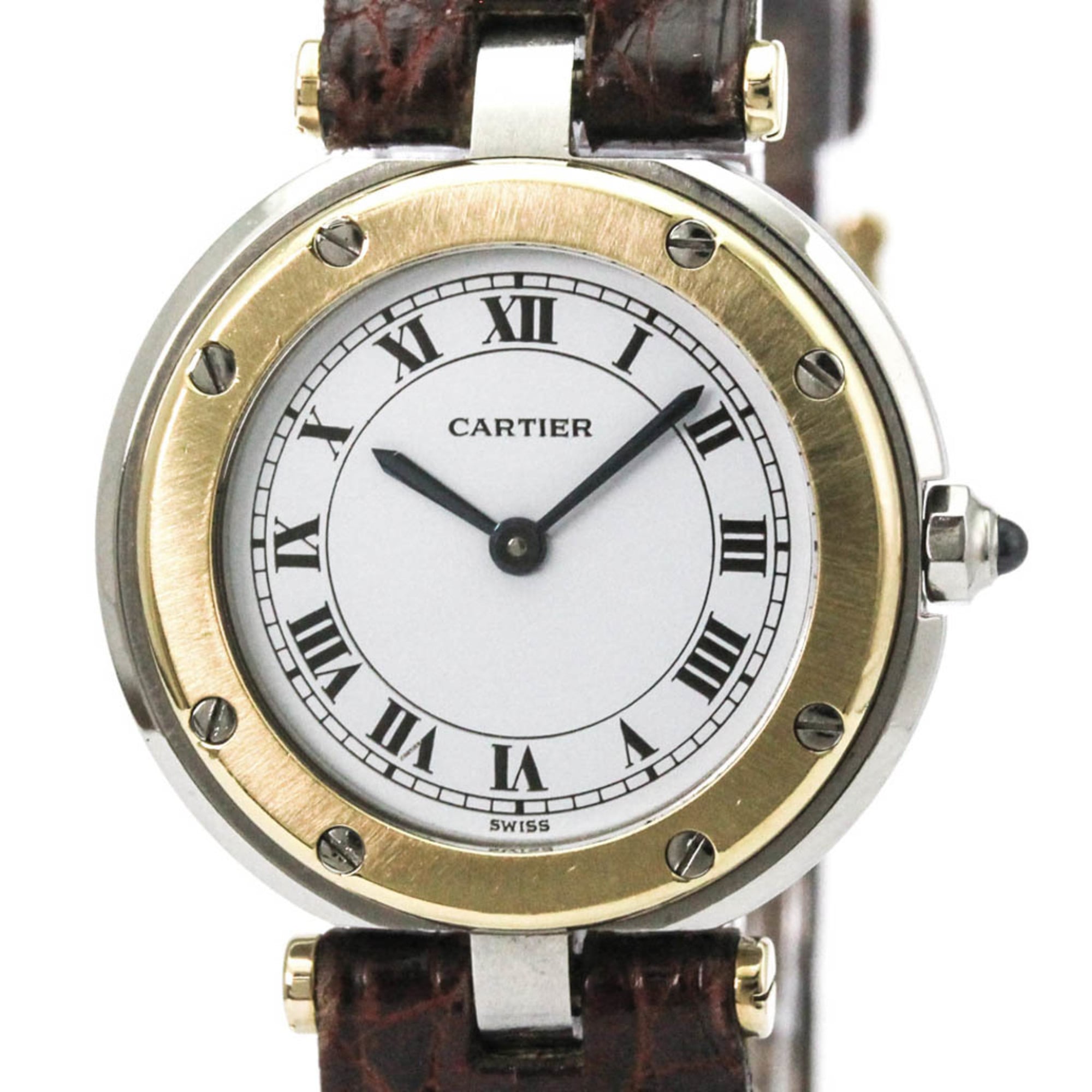 CARTIER Santos Round 18K Gold Steel Leather Quartz Ladies Watch Polished