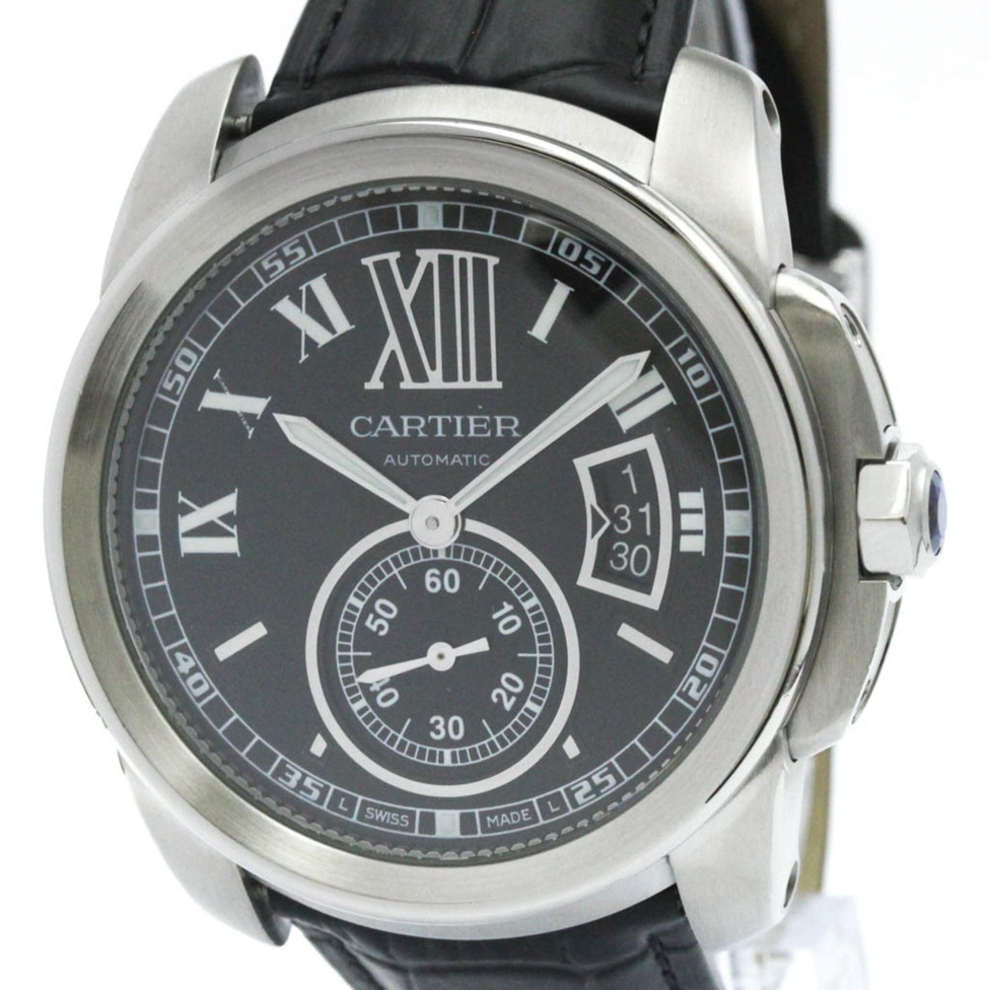 CARTIER Calibre de Cartier Steel Leather Automatic Mens Watch W7100014 ()