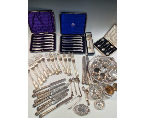 A collection of assorted silver, including two sets of six pistol handled tea knives, 12 dessert knives, a pair of loaded dwa