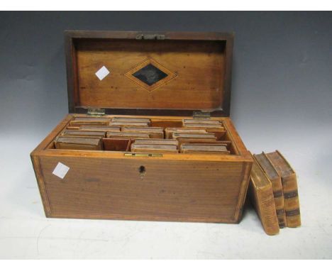 A tea caddy converted for stationery, Kate Greenaway Birthday Book c.1885, and miniature bindings, 15 x 31 x 15cm